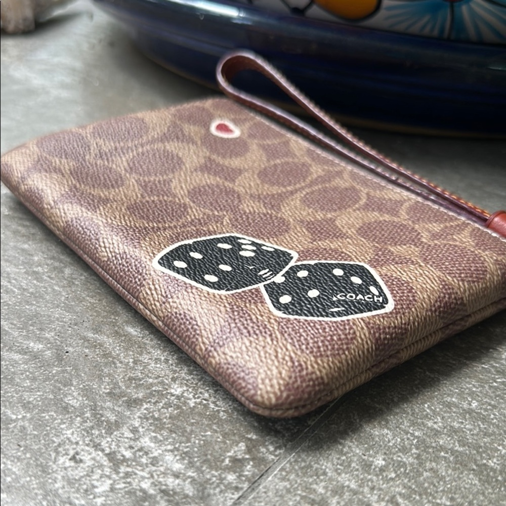Coach Brown Wristlet with Dinosaur and Strawberry Patches - Picture 3 of 13